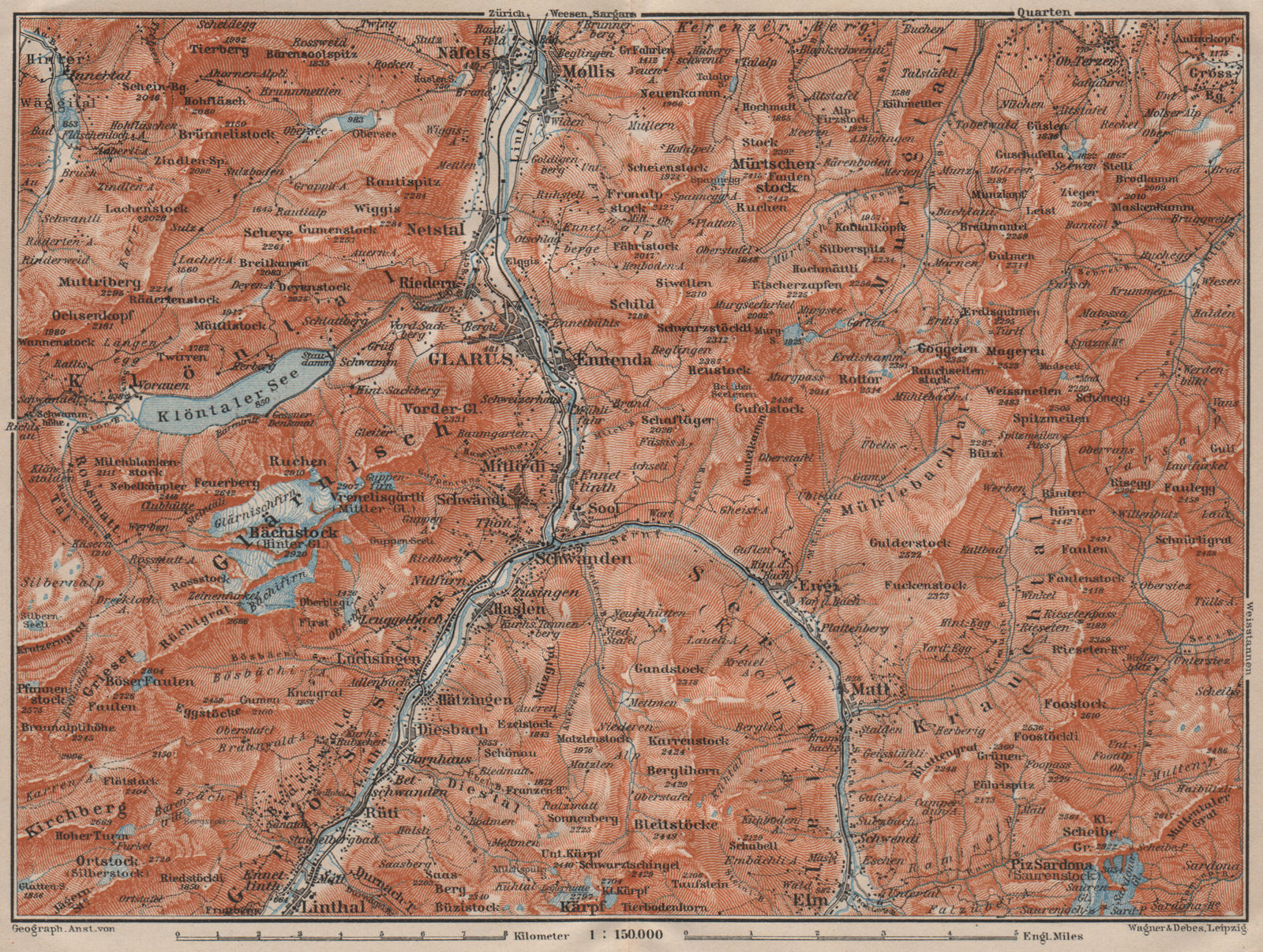 GLARUS area. Braunwald Bächistock Netstall Mollis Näfels Elm. Topo-map 1911